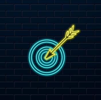 Blue shadow bullseye target icon. neon style. Dartboard objective marketing sign. Arrow dart logo . Winning dart sign. vector