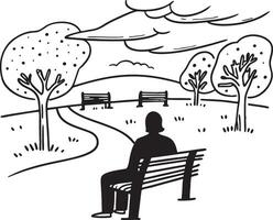 a black and white drawing of a man sitting on a bench vector