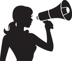 illustration of a silhouette of a siren with a light icon above her head. The siren is holding a megaphone to her mouth. The background is white. vector