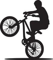 illustration of a silhouette of a person doing a wheelie on a bicycle. The background is white vector