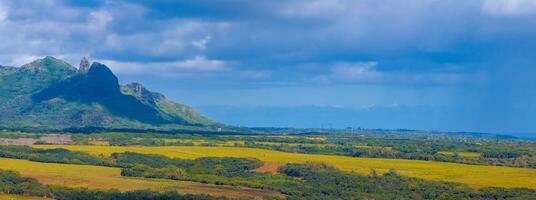 Scenic aerial view of Kauai Island, Hawaii, showing rugged peaks, dense forests, open fields, and hints of coastal areas under a partly cloudy sky. photo