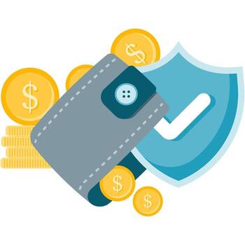 financial security guarantee, wallet with stack of coins and shield vector