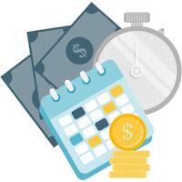 long term saving, calendar in front of money and stopwatch vector