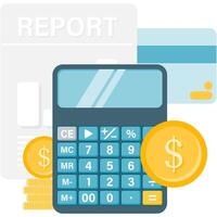 financial report, calculator with financial report documents and stack of coins vector