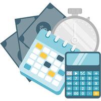 budget planning, calendar and calculator with money background and stopwatch as a symbol of financial planning vector