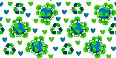 Seamless pattern Earth with trees recycling sign and hearts green and blue World environment day or earth day Minimal flat scribble drawing illustration isolated on white background vector