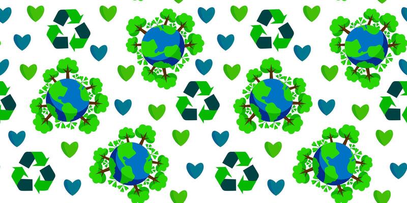 Seamless pattern Earth with trees recycling sign and hearts green and blue World environment day or earth day Minimal flat scribble drawing illustration isolated on white background