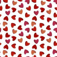 Seamless pattern with pink and red hearts on a white background, for lovers, Valentine's Day red confetti, flat lay, top view. Card, web design, textile vector