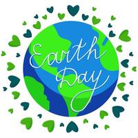 Planet Earth with hearts inscription earth day. World Environment Day concept. Minimal flat scribble drawing illustration isolated on white background for web, banner cards vector