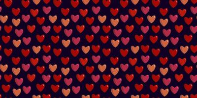 Seamless pattern with pink and red hearts on line, dark blue background, for lovers, Valentine's Day red confetti, flat lay, top view. Card, web design, textile, postcard vector