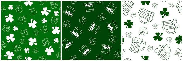 three white and green seamless patterns for St. Patrick's Day with shamrock, beer pint and hat Hand-drawn illustrations for decoration and web design vector