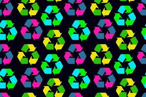 seamless pattern bright multicolored silhouettes of recycling sign for earth day, save nature, black background, web design, paper textile and postcard vector