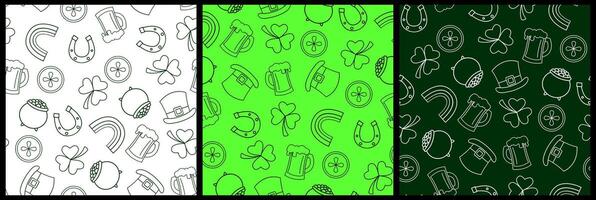 three green and white seamless patterns for St. Patrick's Day with shamrock, rainbow, coins, horseshoe, beer pint, coin pot and hat Hand-drawn illustrations for decoration and web design vector