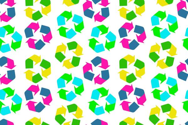 bright seamless pattern recycling sign silhouette for earth day, save nature, white background, web design, paper textile and postcard