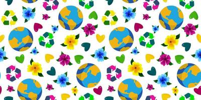 bright seamless pattern for earth day, save nature, planet silhouette with colorful flowers and hearts and recycling sign, white background, web design, paper postcard vector