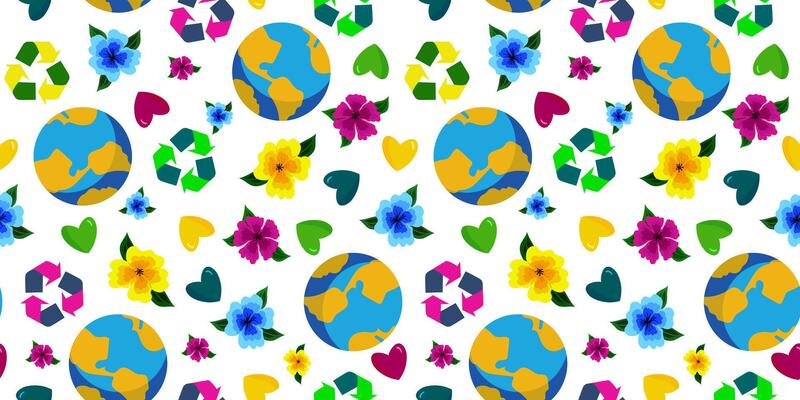 bright seamless pattern for earth day, save nature, planet silhouette with colorful flowers and hearts and recycling sign, white background, web design, paper postcard