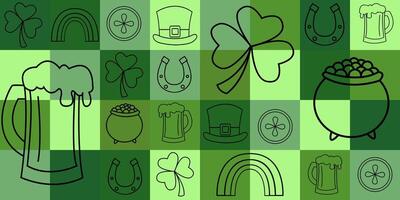 seamless st patrick's day pattern background tile squares, with black elements beer shamrock pot with coins hat coin horseshoe rainbow vector