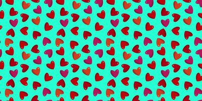 Seamless modern pattern with pink and red hearts on a blue background, for lovers, Valentine's Day red confetti, flat lay, top view. Card, web design, textile vector