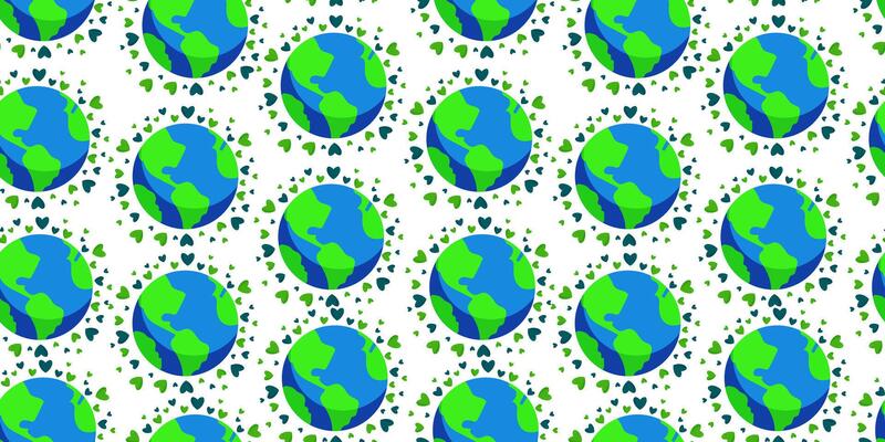 Seamless Earth pattern with hearts for world environment day or earth day. Minimal flat scribble drawing illustration isolated on white background for web, banner cards