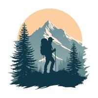 Silhouette of a Brave Adventurer Trekking Through the Wilderness with a Backpack and Walking with Stick Mountain Landscape at Sunset vector