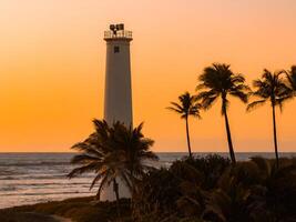 Lighthouse at Sunset with Palm Trees and Ocean in Oahu, Hawaii photo