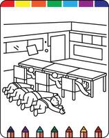 A coloring page with a drawing of a classroom vector