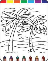 A coloring page with palm trees and a beach vector