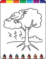 A coloring page with a bird on a tree vector