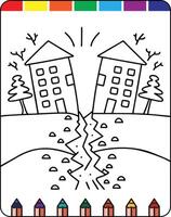 A coloring page with a house and a rainbow vector