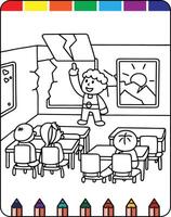 A coloring page with a teacher and students in the classroom vector