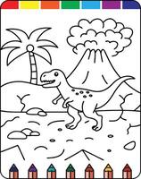 A dinosaur coloring page with a volcano and a mountain vector