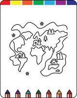 A coloring page with a world map and a few different colored pencils vector