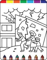 A coloring page with a family and a house vector