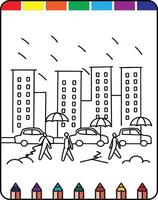 A coloring page with a city scene and people walking vector