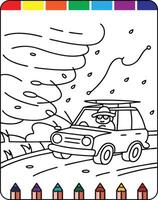 A coloring page with a car driving through the rain vector