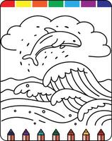 A coloring page with a dolphin and waves vector