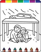A coloring page with a family under a table vector