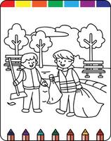 A coloring page with two children and a garbage bag vector