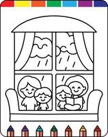 A coloring page with a family sitting in the window vector