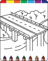 A coloring page with a bridge and a road vector