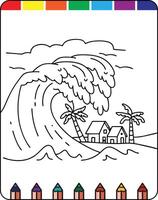 A coloring page with a wave and a house vector