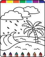 A coloring page with a palm tree and a beach vector