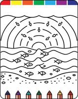 A coloring page with a rainbow and a beach scene vector