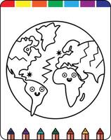 A coloring page with a cartoon earth and a smiley face vector