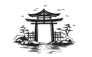 Japanese gate black on white, sketch. vector