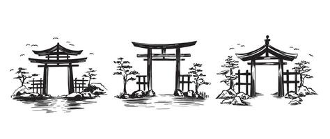 Japanese gate black on white, sketch vector
