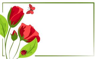 Vibrant illustration featuring red roses, a butterfly, and a ladybug in a natural setting. Copy space vector