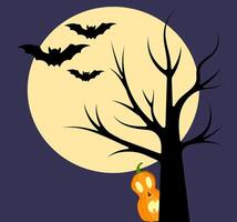 Halloween night with bats, a pumpkin, and a spooky tree under a full moon vector