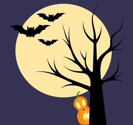 Halloween night with bats, a pumpkin, and a spooky tree under a full moon