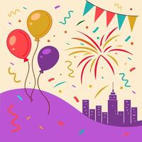 Festive City Celebration Balloons, Fireworks, Colorful Illustration vector